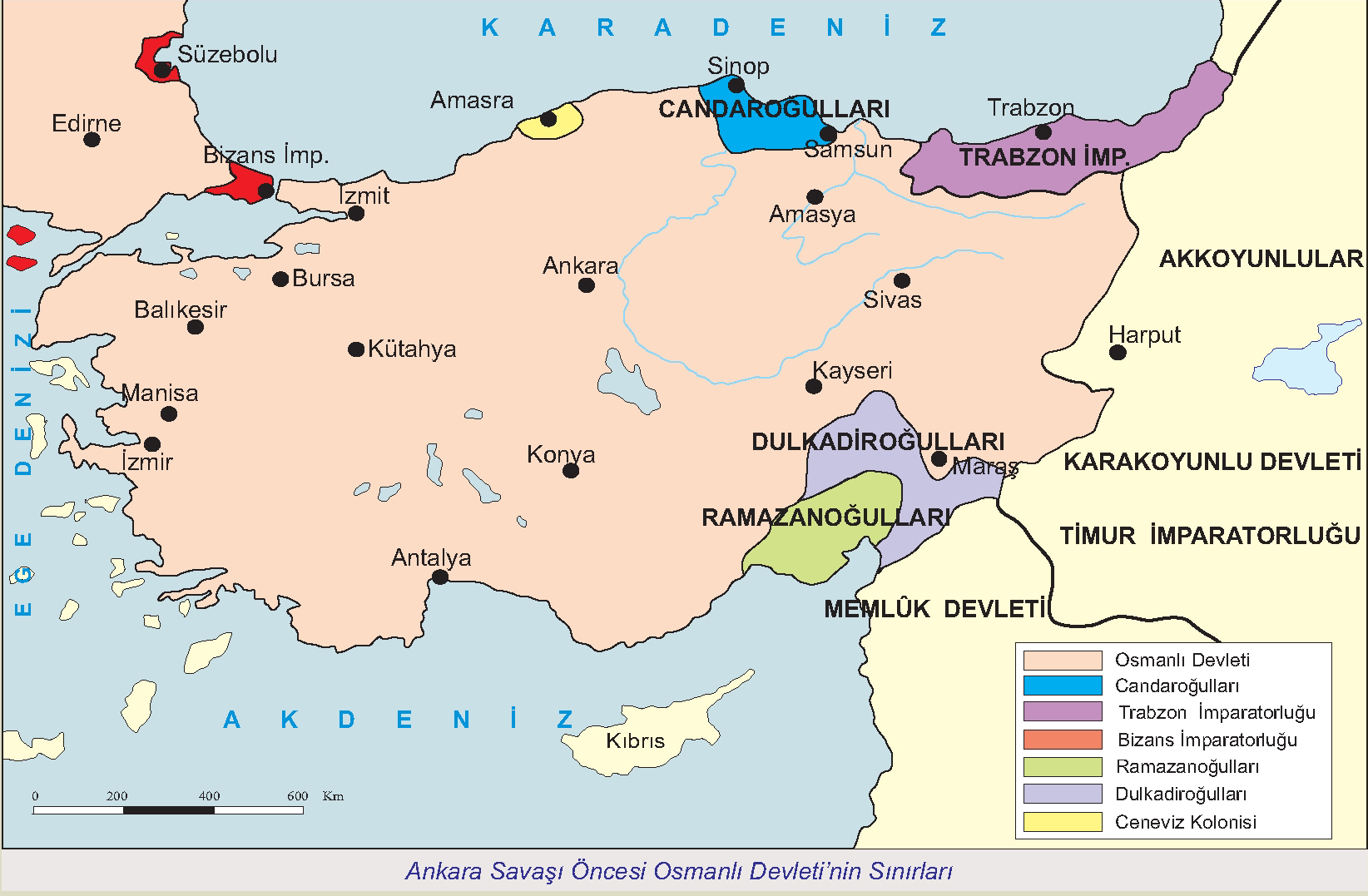 Ankara Savaşı Öncesi Osmanlı Devleti'nin Sınırları Haritası